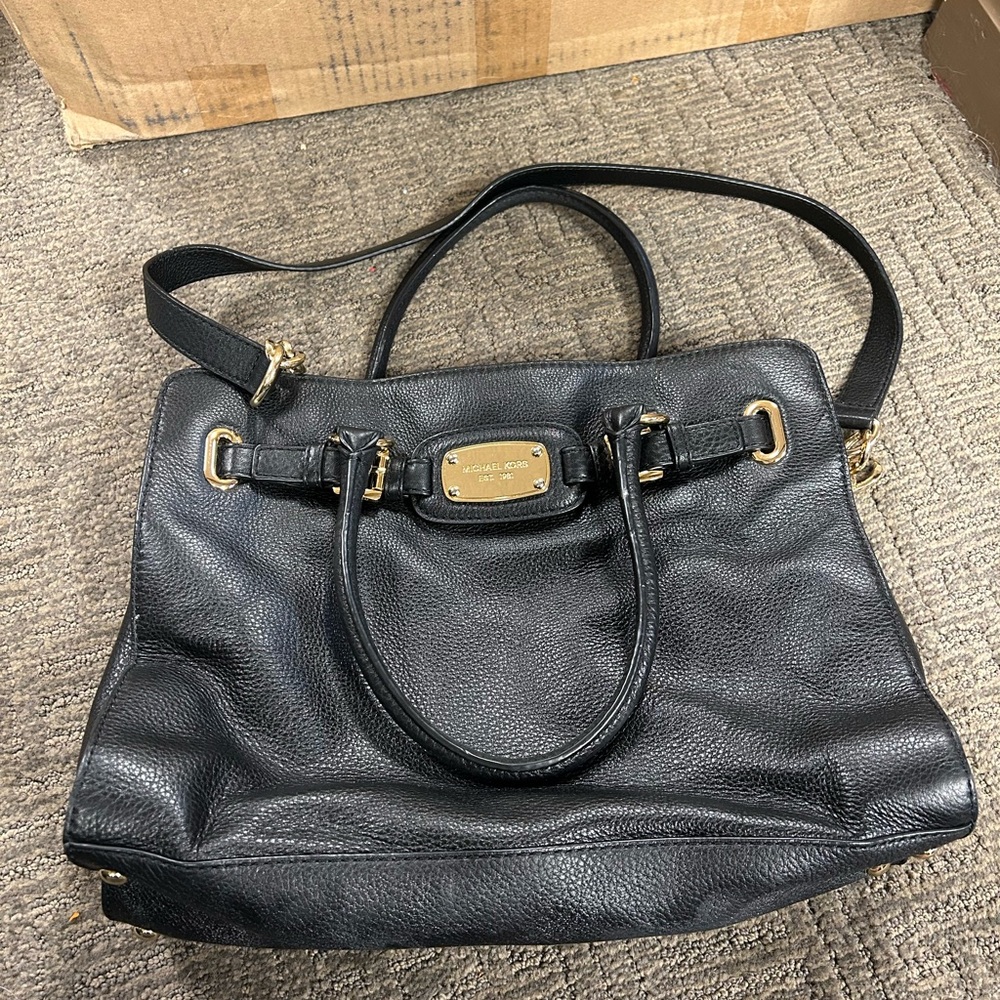 Michael Kors Black Leather Shoulder Bag with Gold Accents